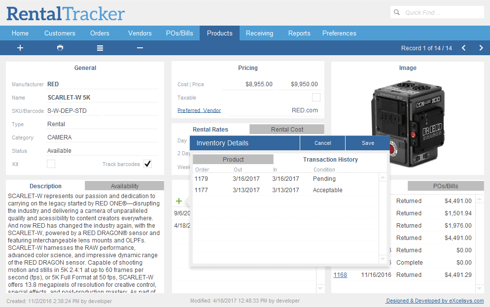 eX-RentalTracker product history screen shot